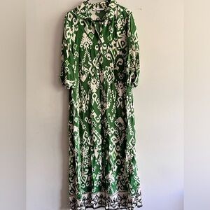 ZARA The Allison Dress Green Tribal Print Button Maxi Belt Roll Tab Sleeve